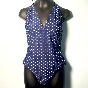 • J. Crew Scalloped Navy/White Polka Dot One Piece Bathing Suit